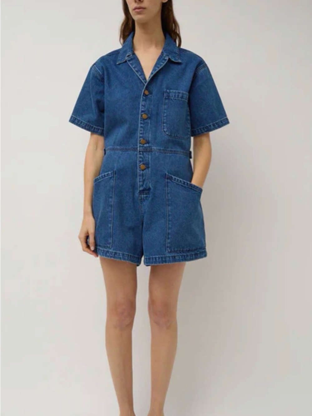 No. 6 Short-Sleeve Denim Romper in Mid Blue “bree jumpsuit medium blue denim”
